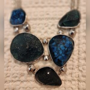 Chicos Chunky Silver With Blue  Stones Statement Necklace Great With Denim